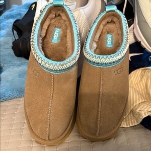 UGG Chestnut Suede Slip-On Slippers with Aqua Trim